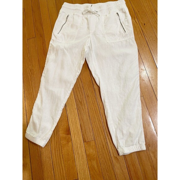 Athleta Cabo Linen Joggers Pants Womens Size 8 Petite White Zip Pockets Pull On - Picture 7 of 15